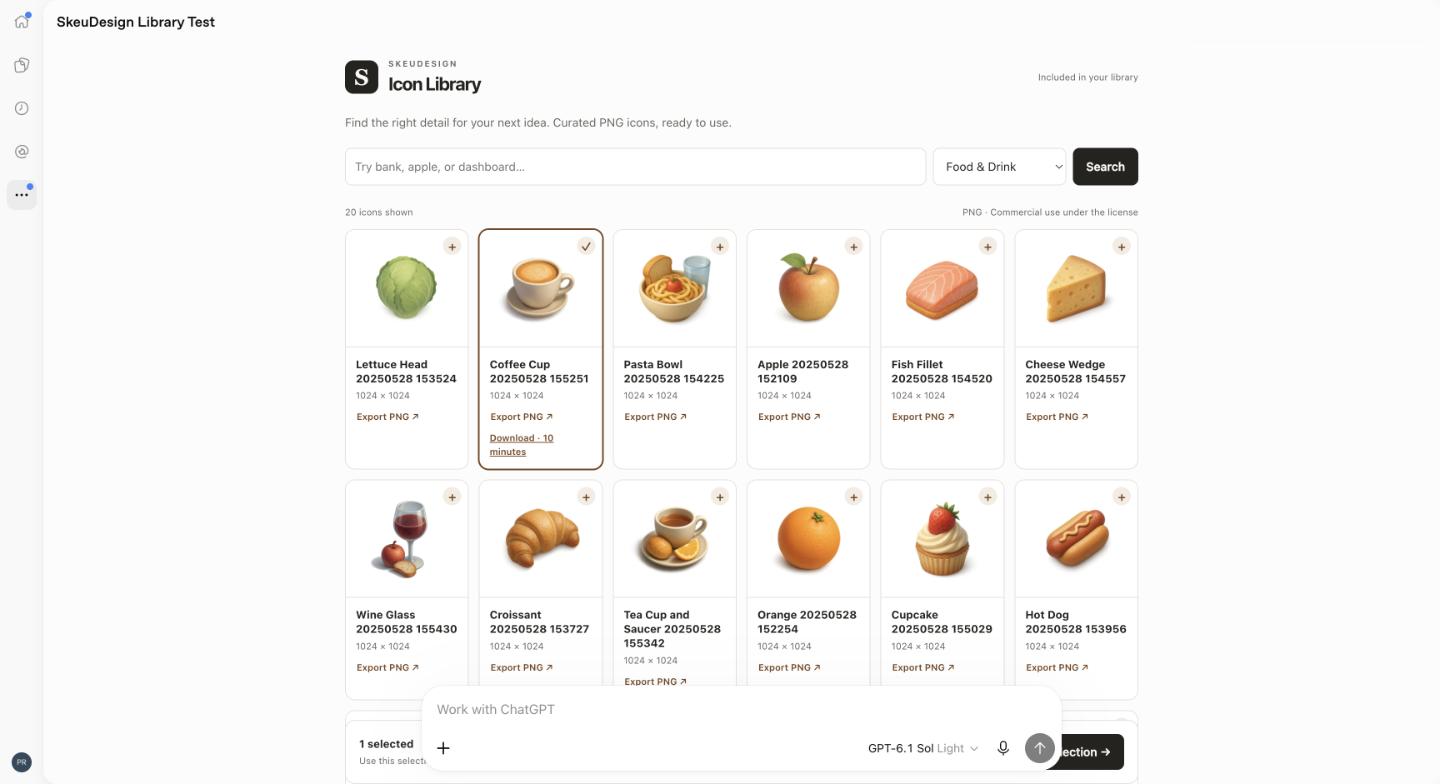 SkeuDesign's visual icon library in ChatGPT, showing Food & Drink icons and a selected Coffee Cup with a PNG export link.
